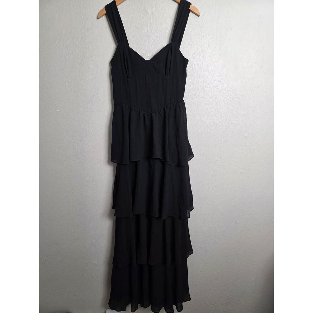 Lulus Carlynda Black Tiered Bustier Chiffon Basque Waist A Line Maxi Dress M - Picture 5 of 14